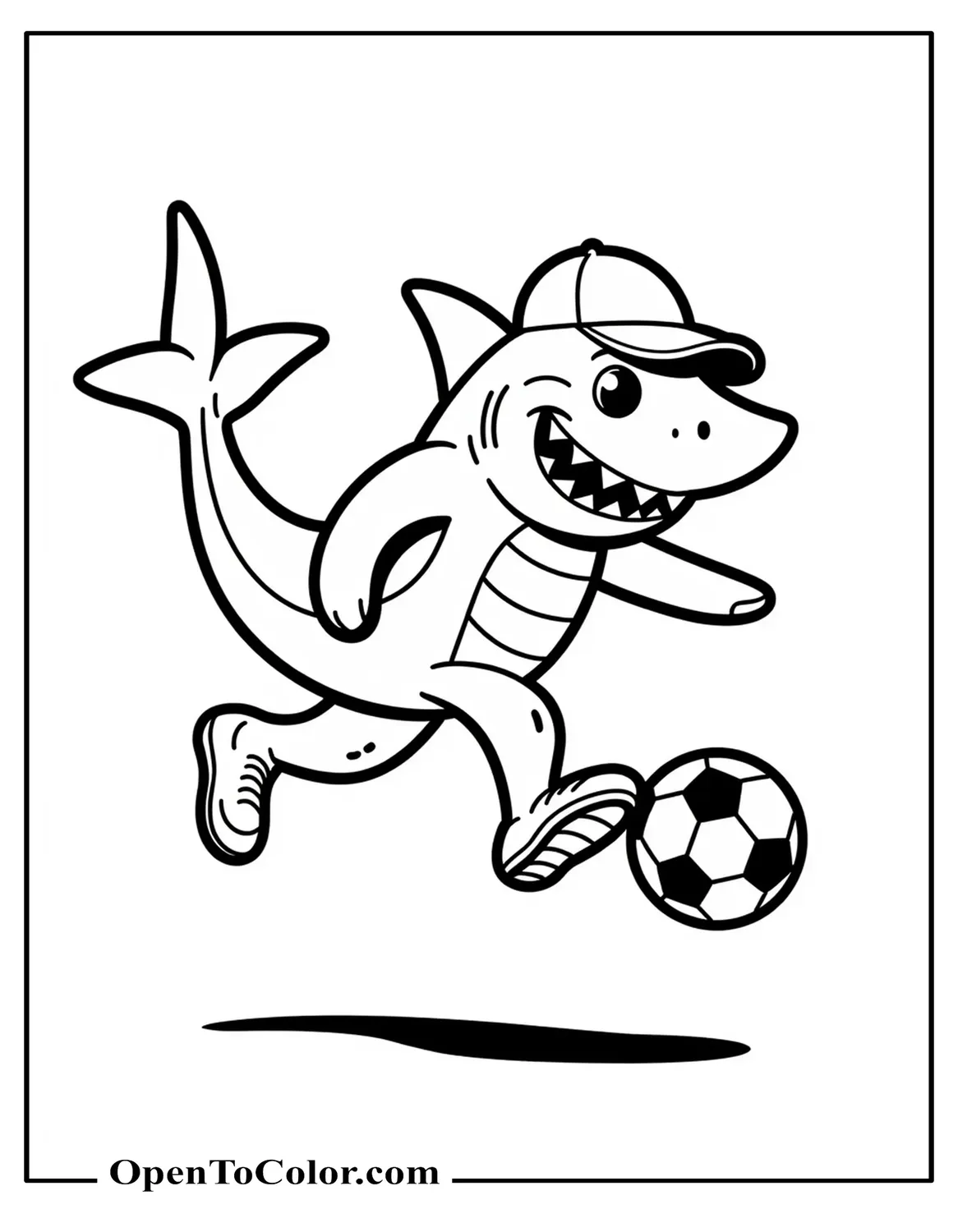 Printable Coloring Page of Shark Wearing Baseball Cap Kicking Soccer Ball With Tail