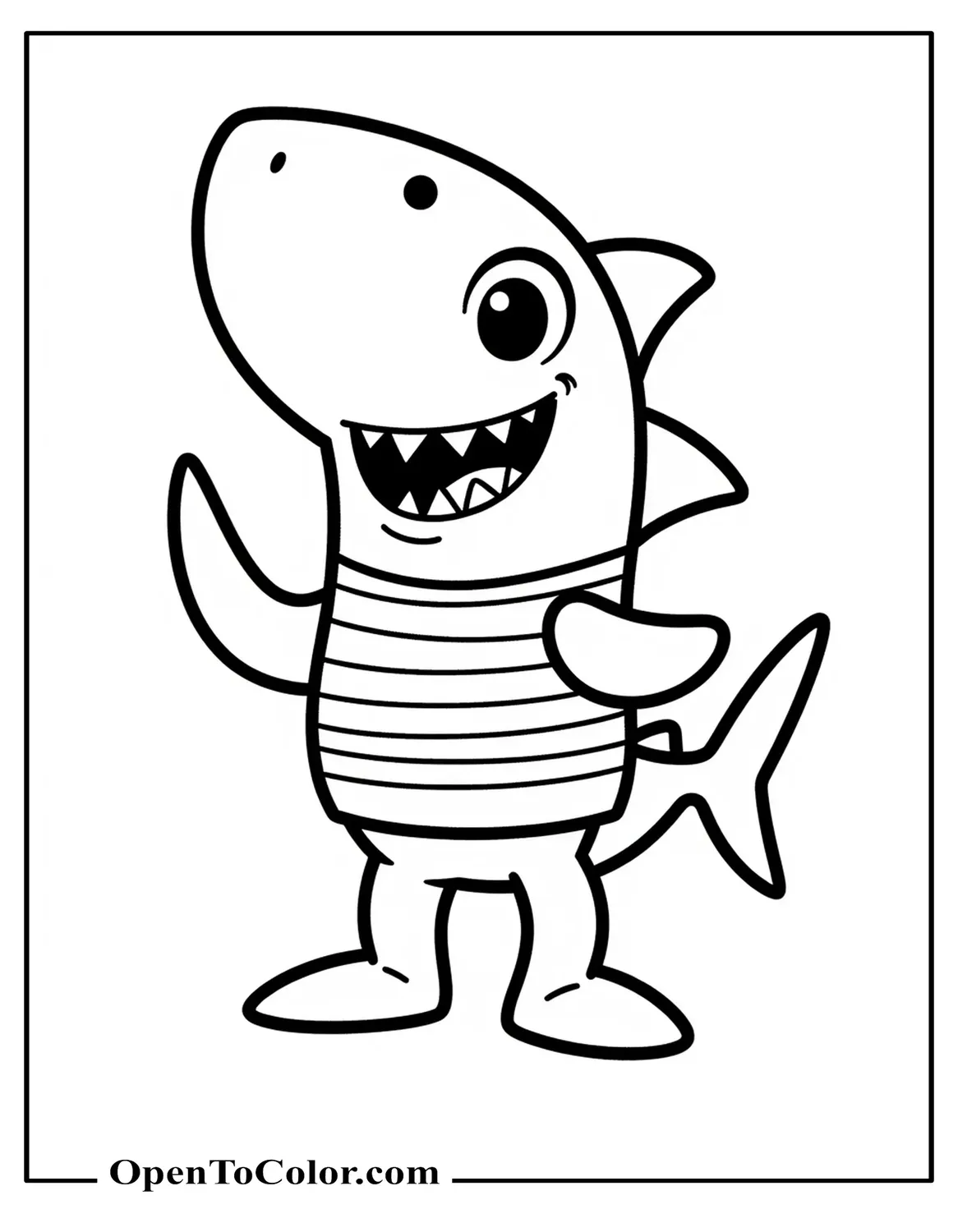 Friendly Slim Shark Coloring Page PDF In Striped Vest With Big Smile