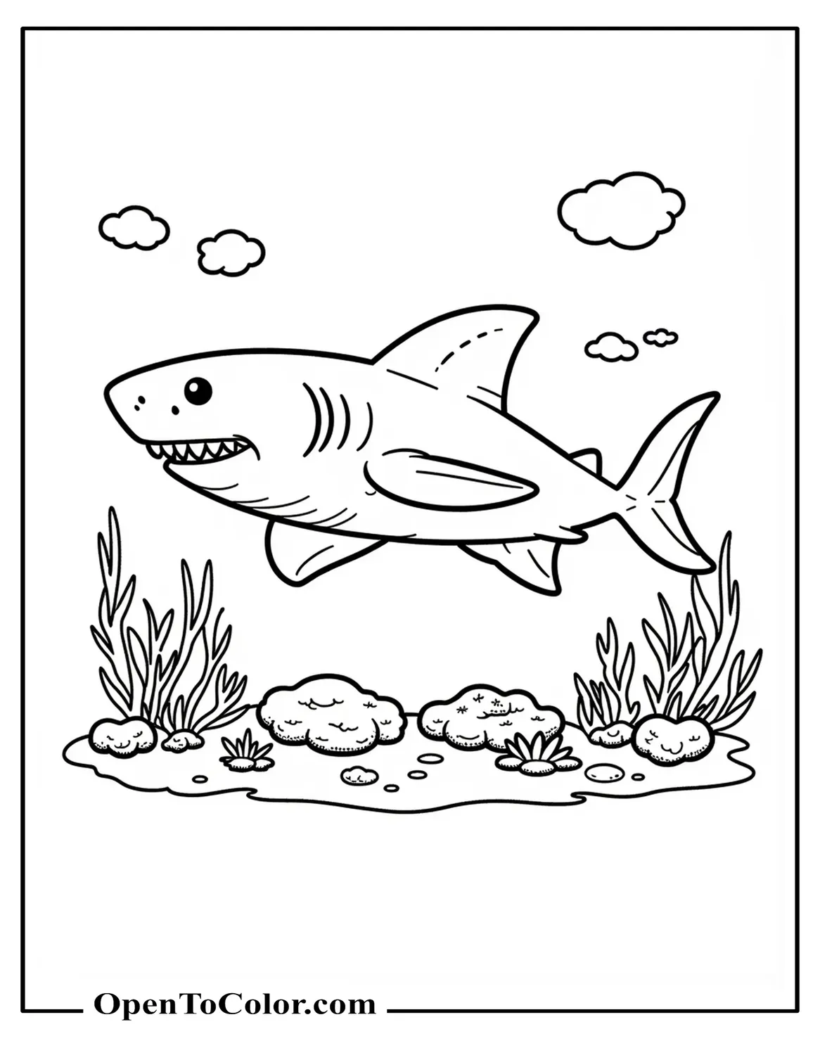 Detailed classic shark coloring page swimming above coral reef PDF