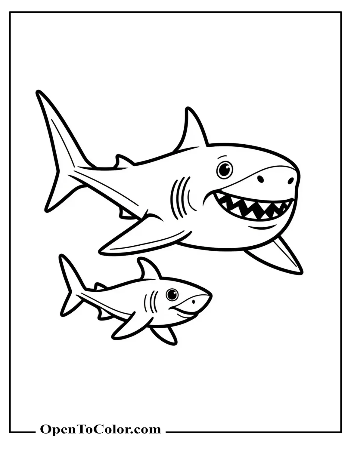 Free Coloring Sheet of Parent Shark and Baby Shark Swimming Together