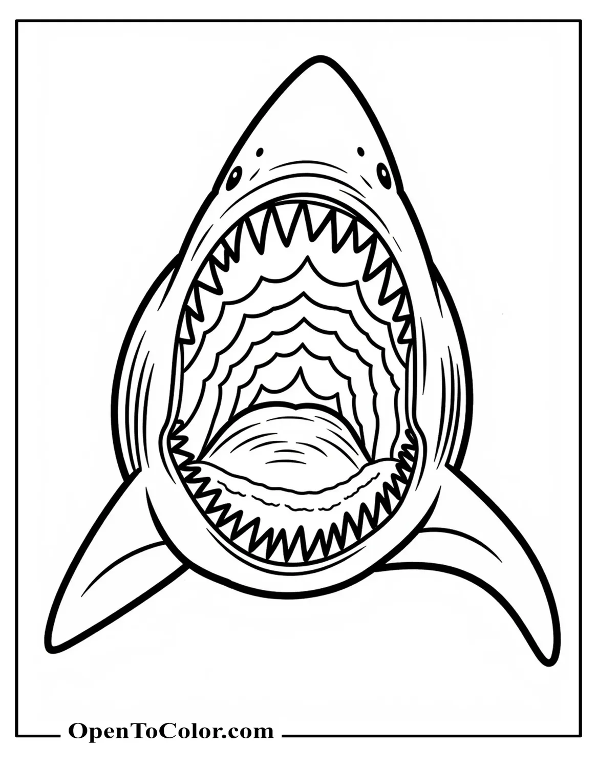 Huge Scary Shark Coloring Sheet PDF With Open Mouth And Sharp Teeth, Front View