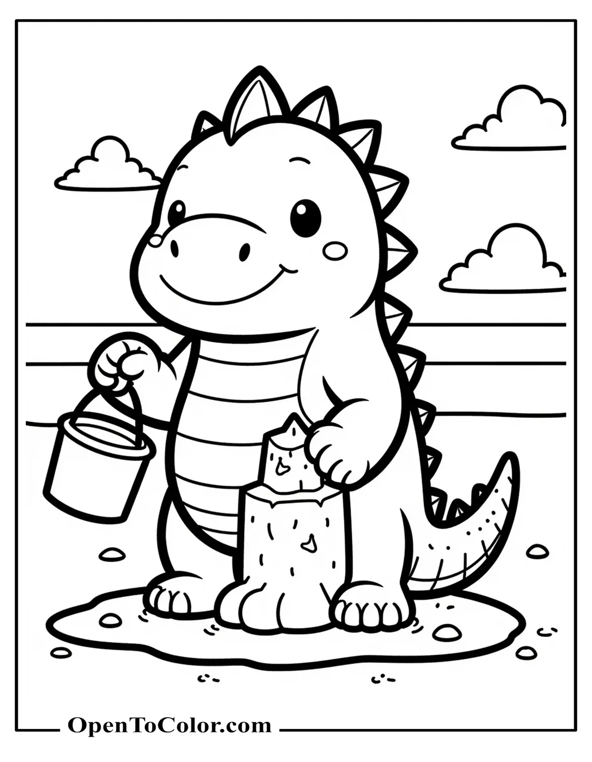 Kawaii Godzilla Building A Sandcastle On The Beach With Bucket And Shovel Coloring Sheet PDF