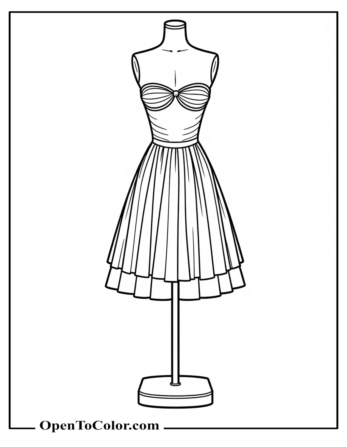 Printable Coloring Sheet of Short Tube Dress with Detachable Overskirt Displayed on Stand, Crisp Outlines