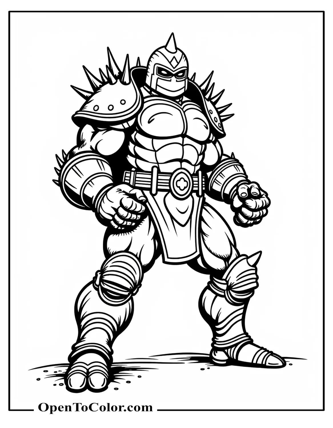 Shredder, armored enemy of the Ninja Turtles, standing in battle stance, spiked gauntlets detailed, coloring page, PDF.