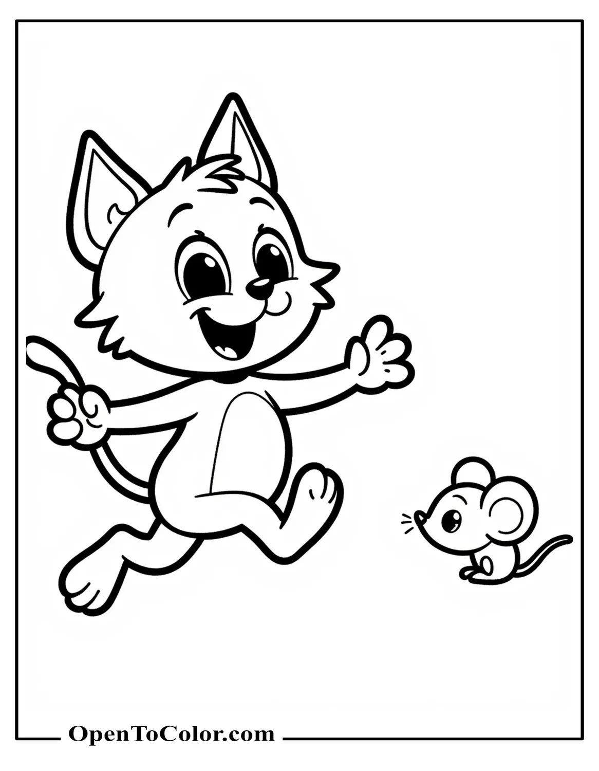 A silly playful cartoon cat chasing a mouse coloring page PDF.