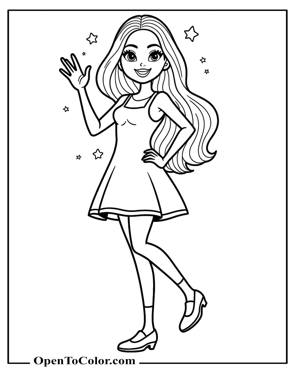 Barbie in a simple dress waving and smiling with stars around, printable coloring sheet.