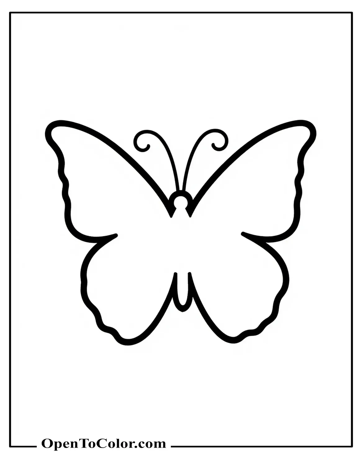 Simple silhouette butterfly coloring sheet formed with smooth bold curves, PDF.
