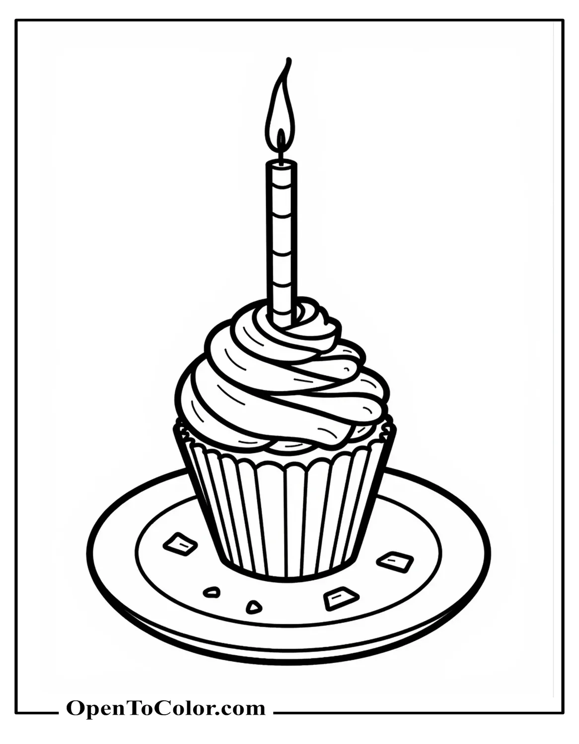 Printable Coloring Page of Plain Cupcake with Tall Candle and Crumbs on a Plate Front View