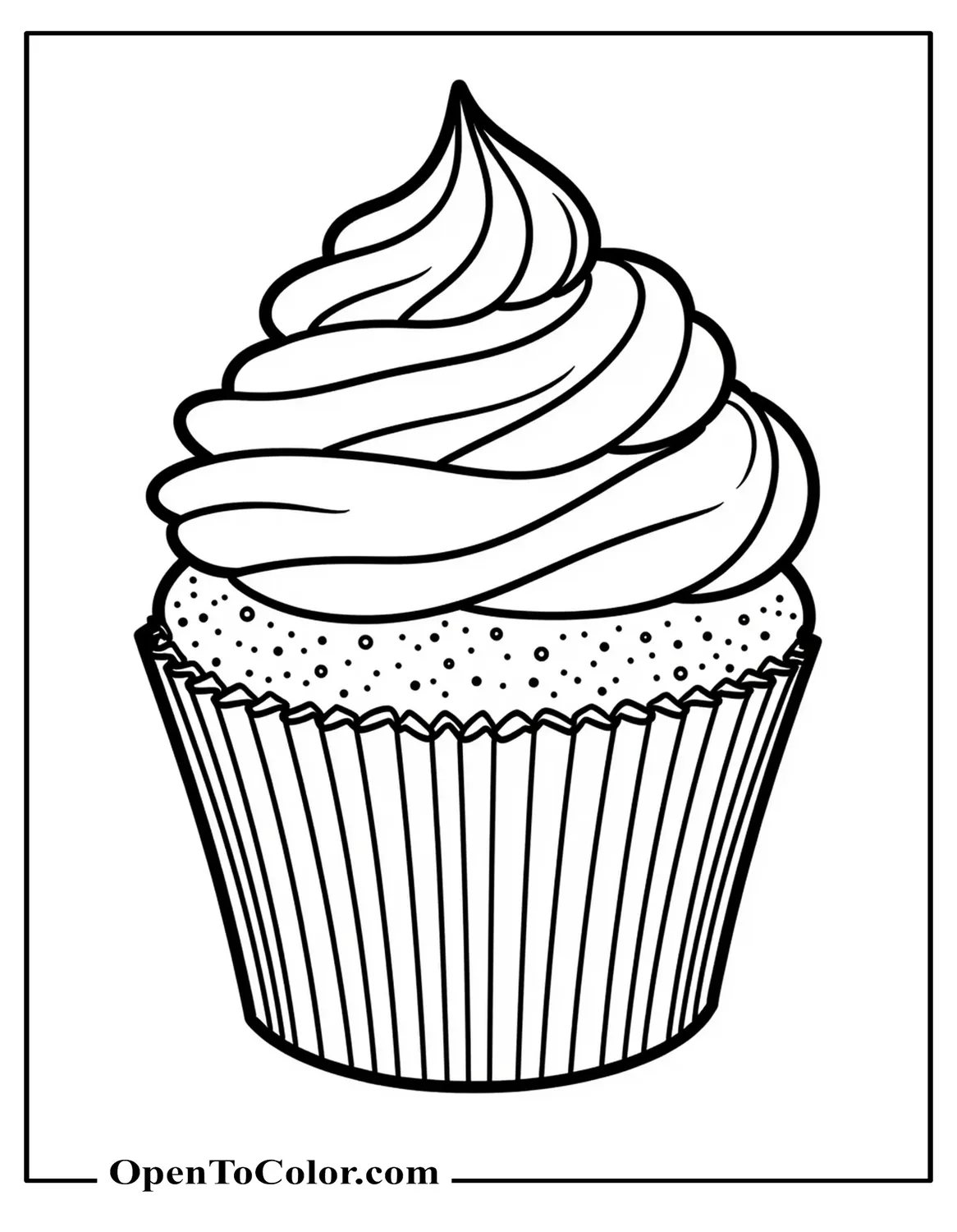 Free Coloring Sheet of a Single Cupcake Front View with Tall Swirl Frosting and Thick Bold Lines
