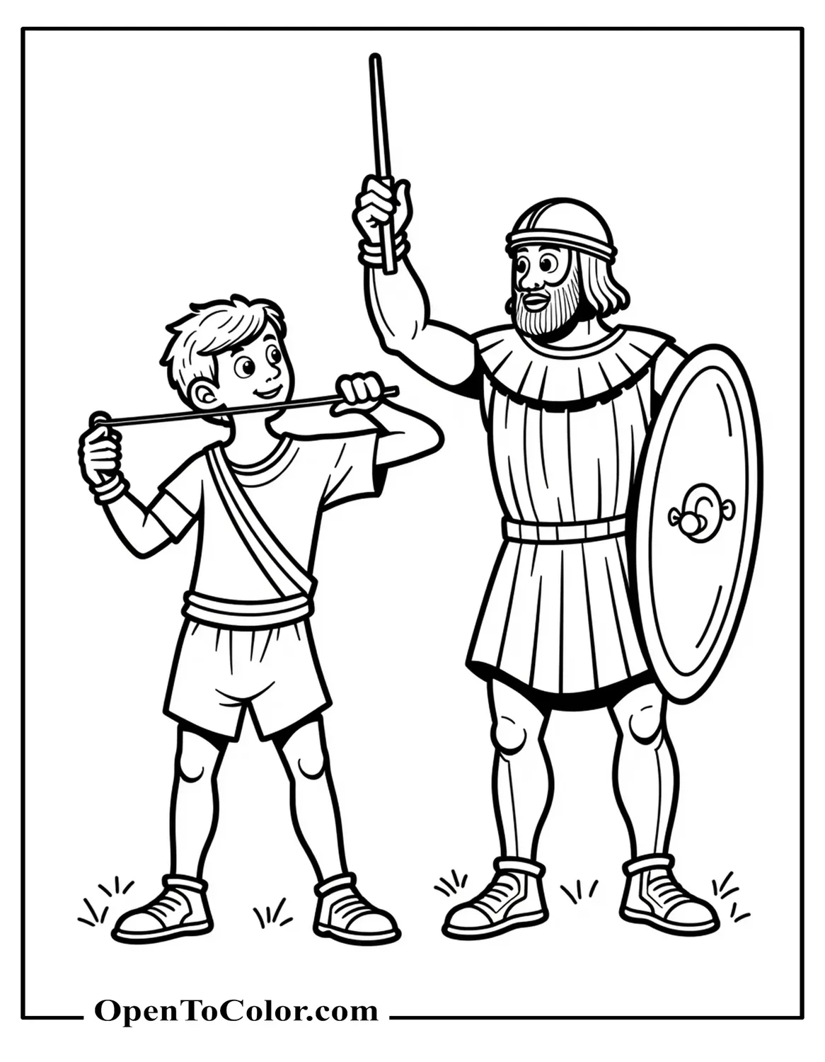 Simple Cartoon: Youthful David Swinging Sling; Helmeted Goliath Raising Shield, Empty Background For Easy Printable Coloring Sheet