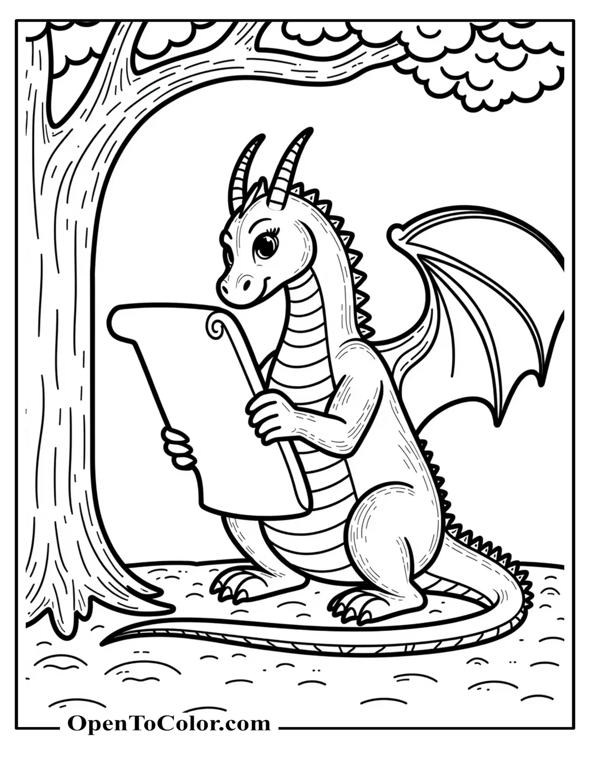 Printable Coloring Page of Dragon Seated Under Tree Reading Long Scroll