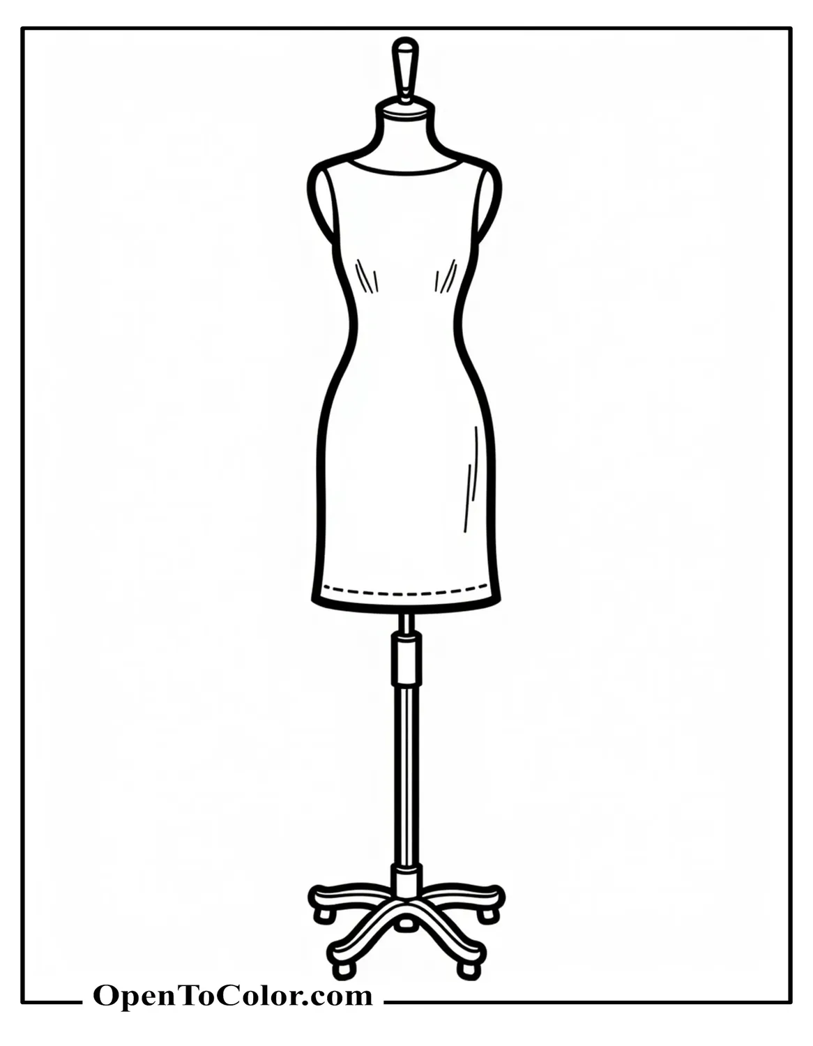 Free Coloring Sheet of Plain Shift Dress Front View on Mannequin, Clean Outline, No Shading
