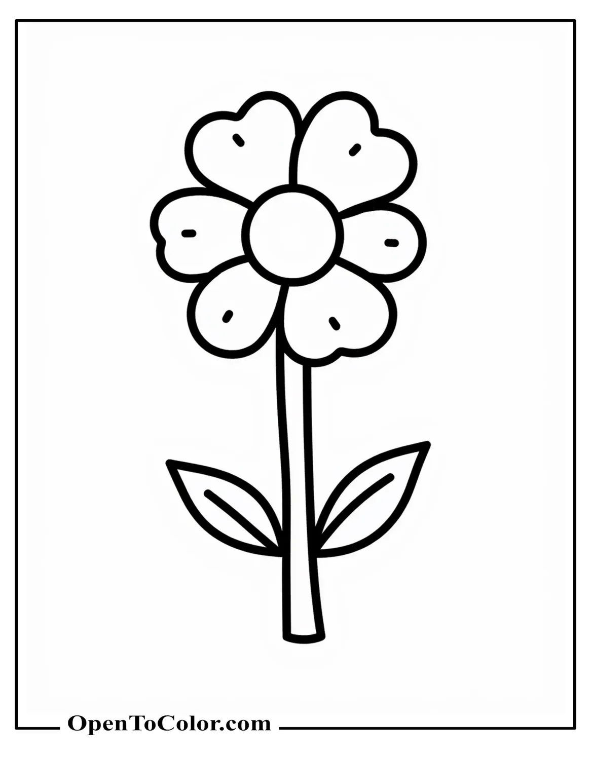 Printable coloring page of a simple flower with a few petals and a couple of leaves on each side of the stem.