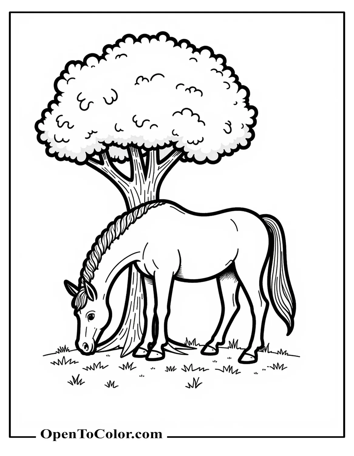 Simple outline horse grazing under single tree coloring page PDF