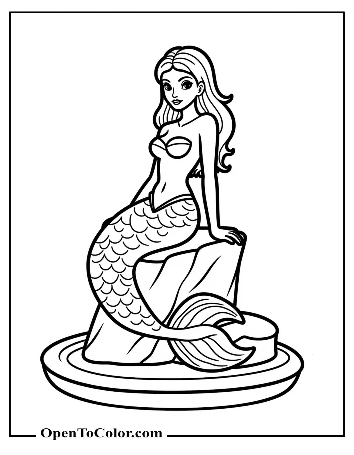 Free Coloring Sheet: Mermaid Outline Seated on a Small Island Rock