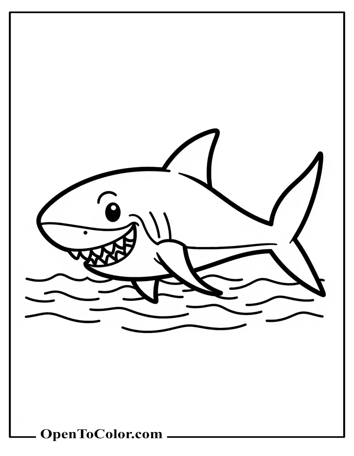 Simple Smiling Shark Outline With Single Fin Waves Coloring Sheet PDF