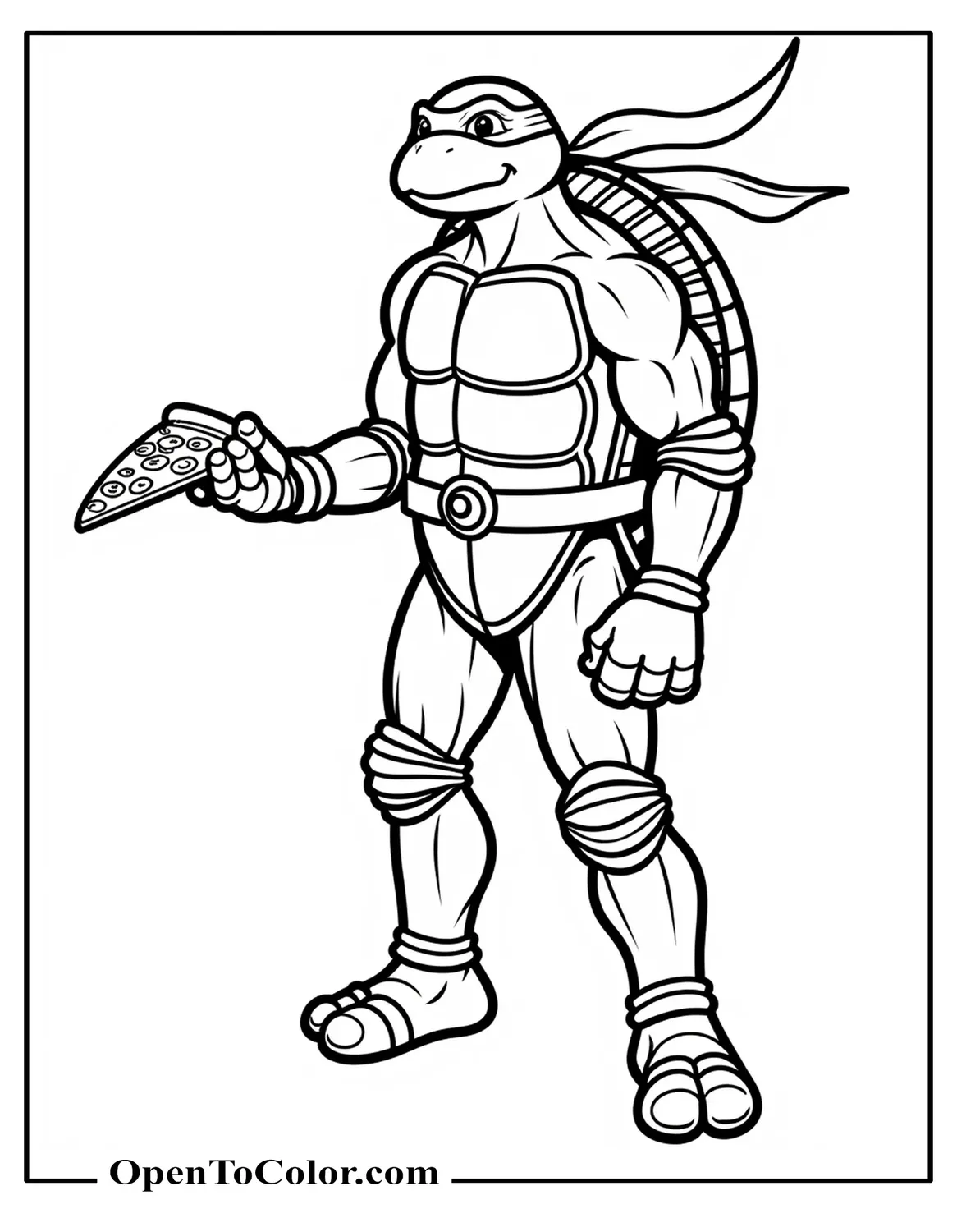 Simple outline Teenage Mutant Ninja Turtle Michelangelo holding a slice of pizza, sparse detail, coloring sheet PDF.