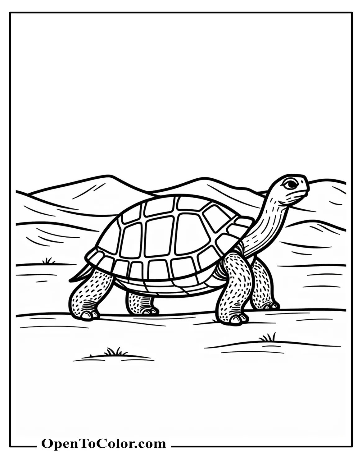 Simple Tortoise Side Profile Coloring Page Walking Across A Desert With Distant Dunes PDF