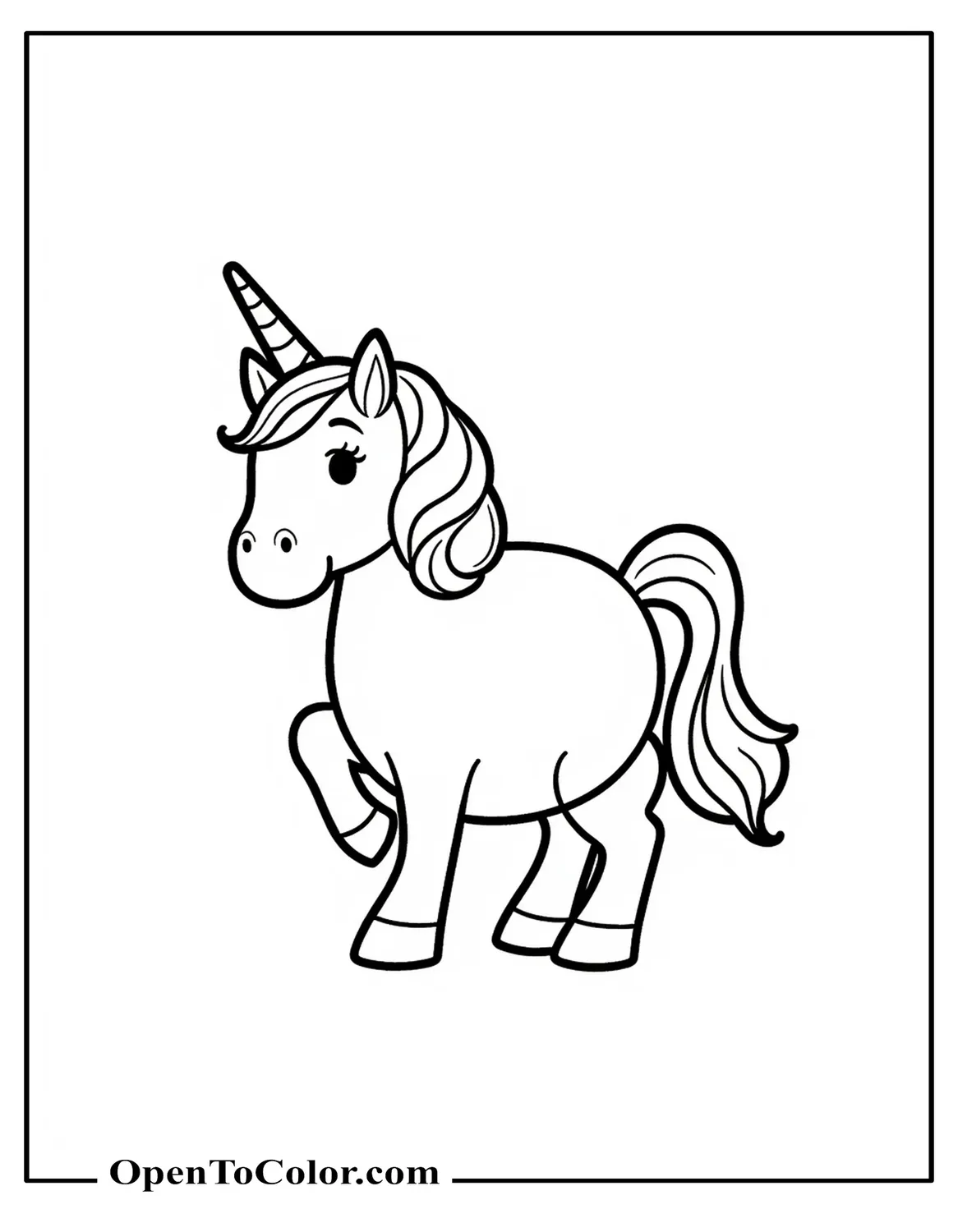 Unicorn with round body standing on one hoof coloring page PDF