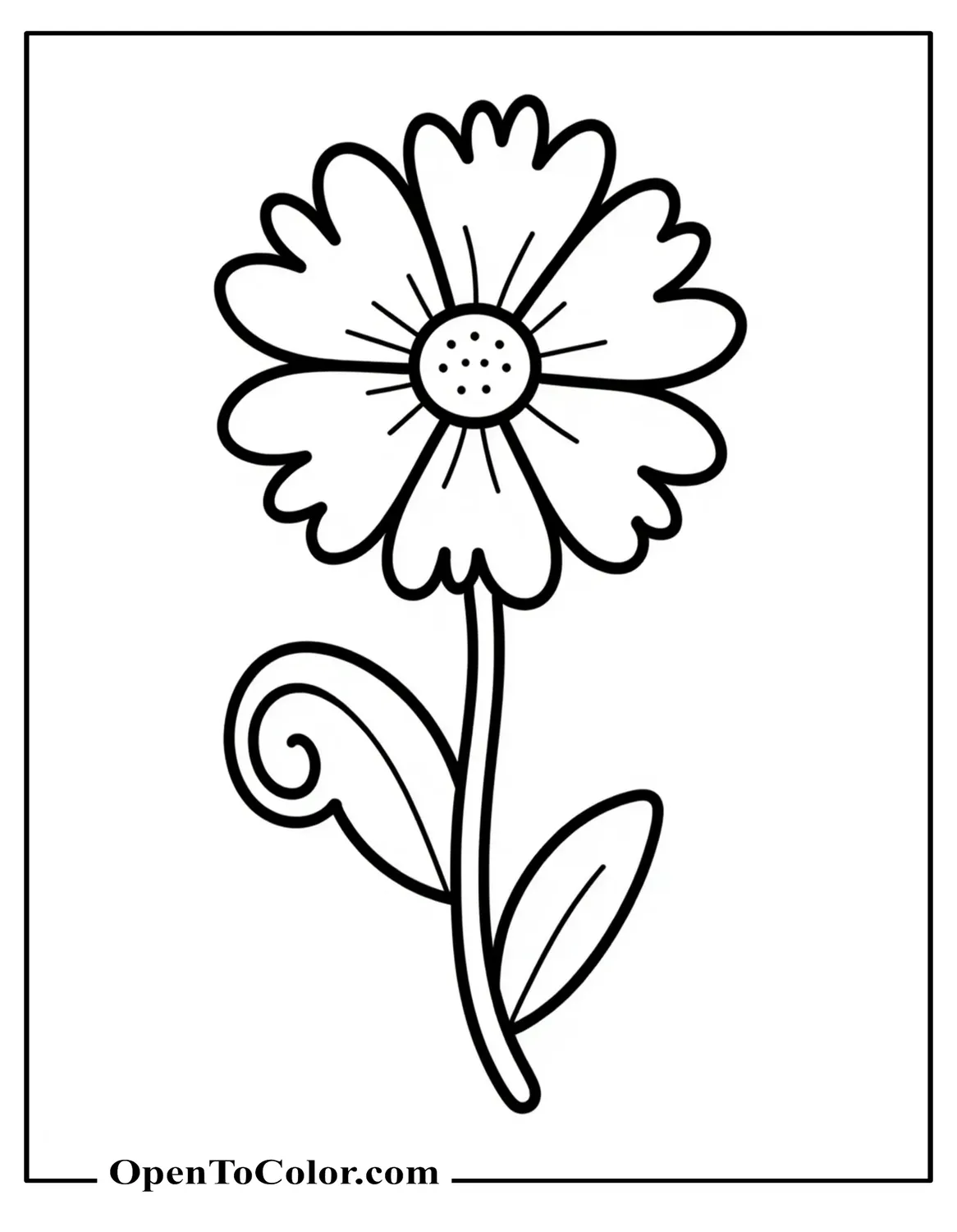 One Flower Centered In The Image With A Curled Leaf, Coloring Sheet PDF