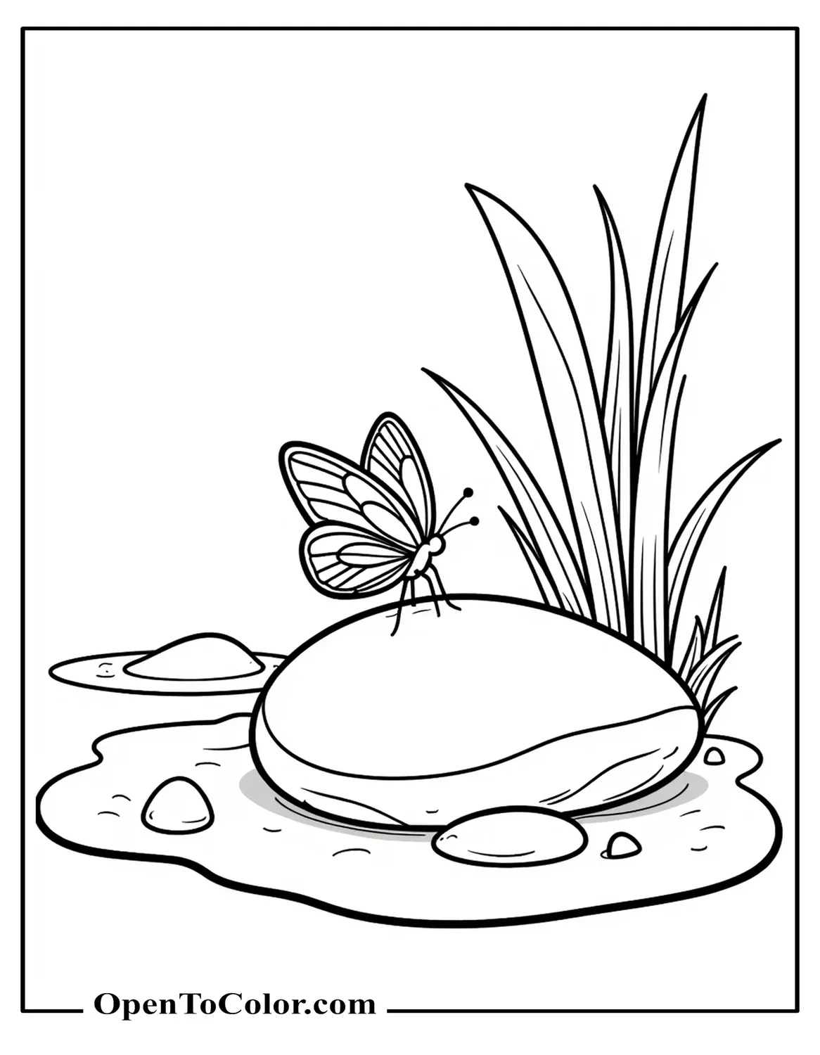 Free Coloring Sheet: Small Butterfly Resting on a Smooth Pebble Beside Grass Blades