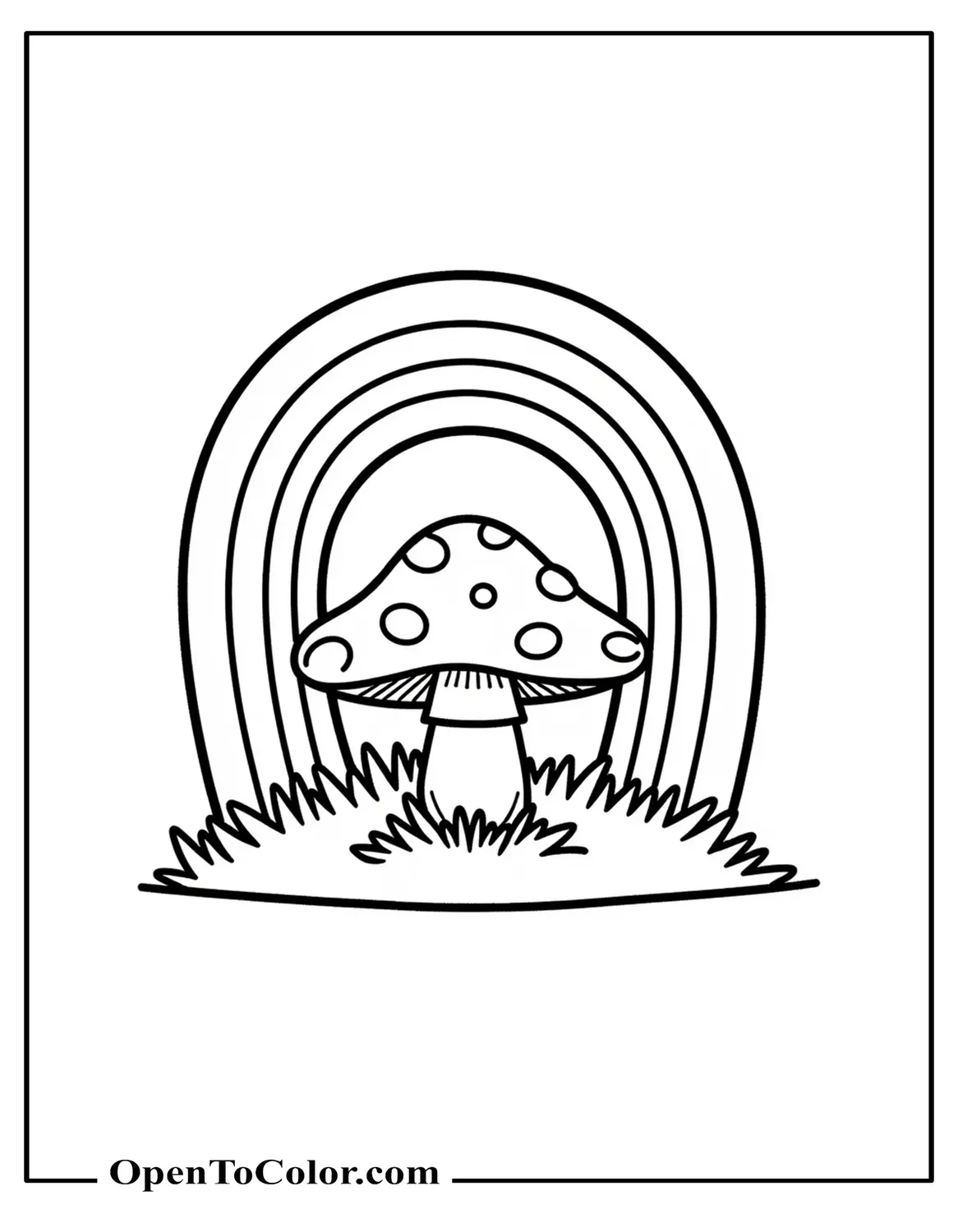 Tiny rainbow above single mushroom on grassy patch coloring page PDF