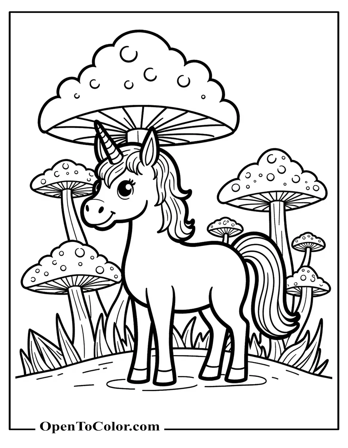 Free Coloring Sheet: Small Unicorn Beside Flowers and Mushrooms