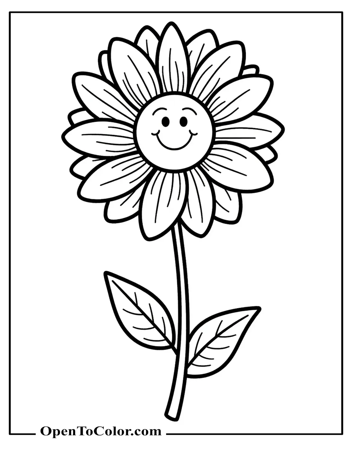 Free Coloring Page of Flower with Smiling Face and Radiating Petals