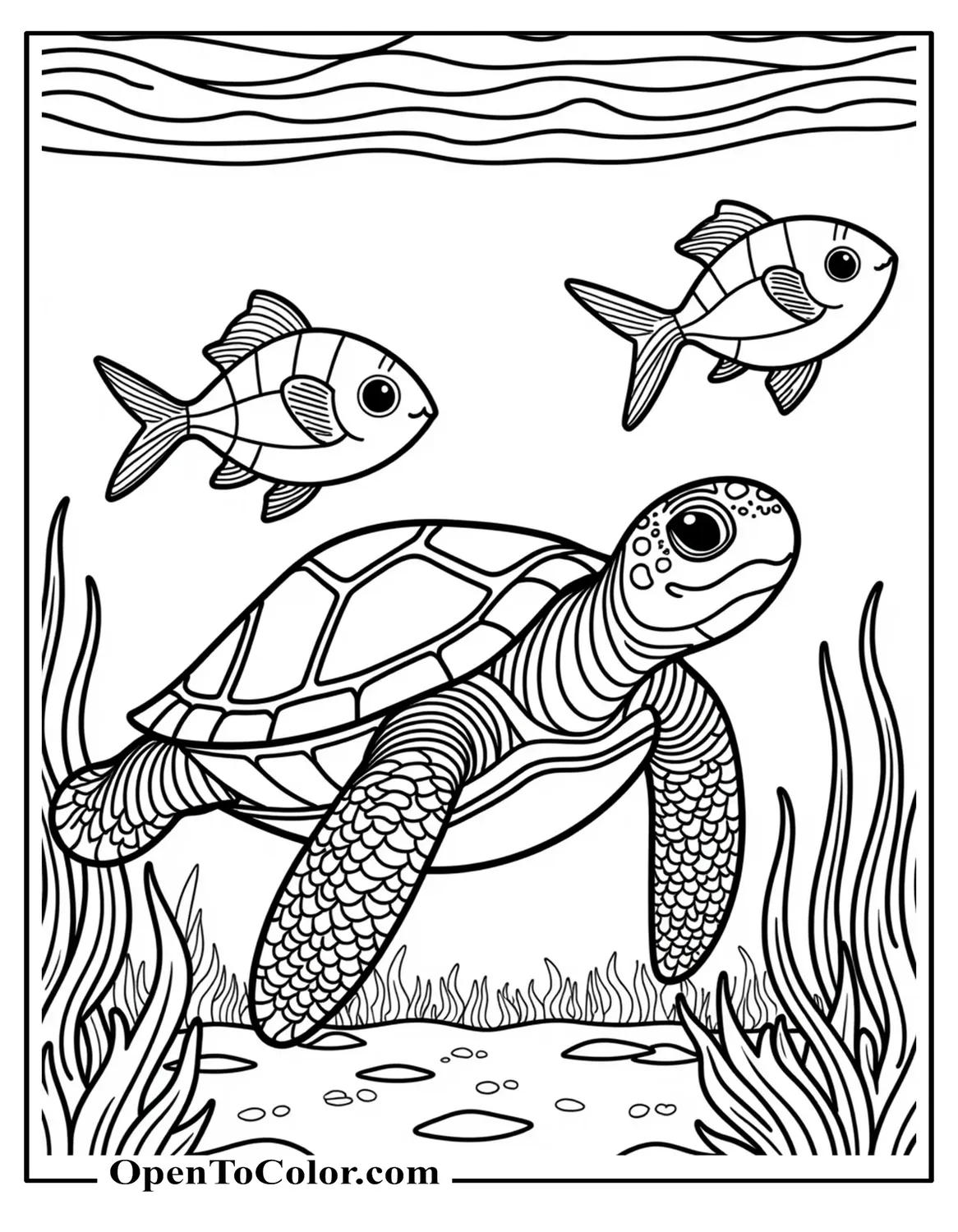 Smiling Turtle Swimming Beneath The Surface Alongside A School Of Fish, Funko-Pop Style, Printable Coloring Sheet