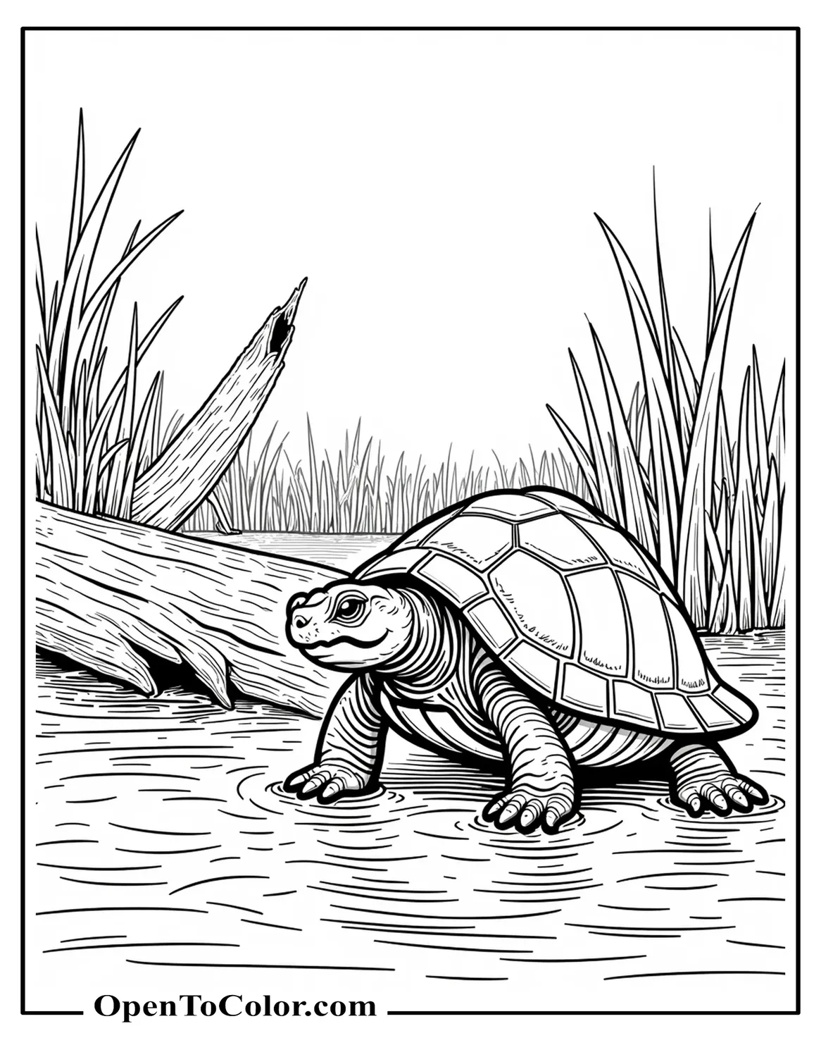Printable coloring page of a snapping turtle lunging near a fallen log in a murky swamp scene.