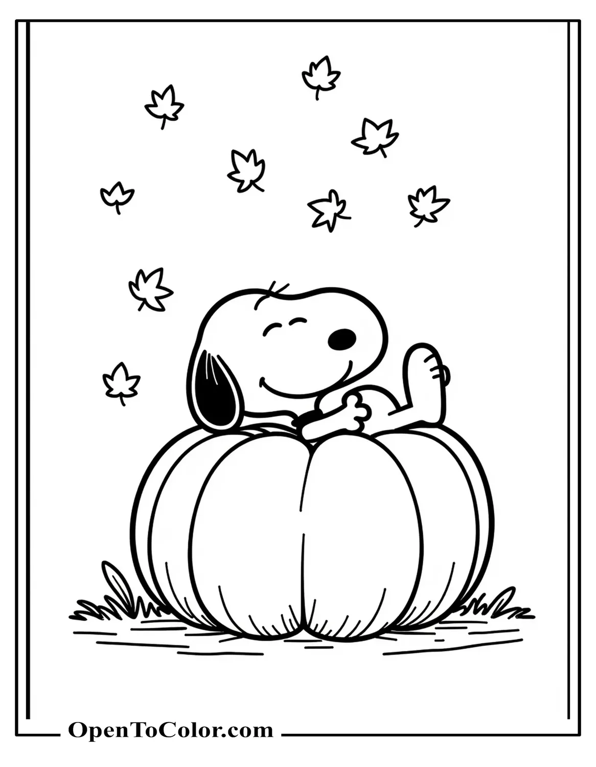 Snoopy reclining on a huge pumpkin while leaves drift past, printable coloring page.