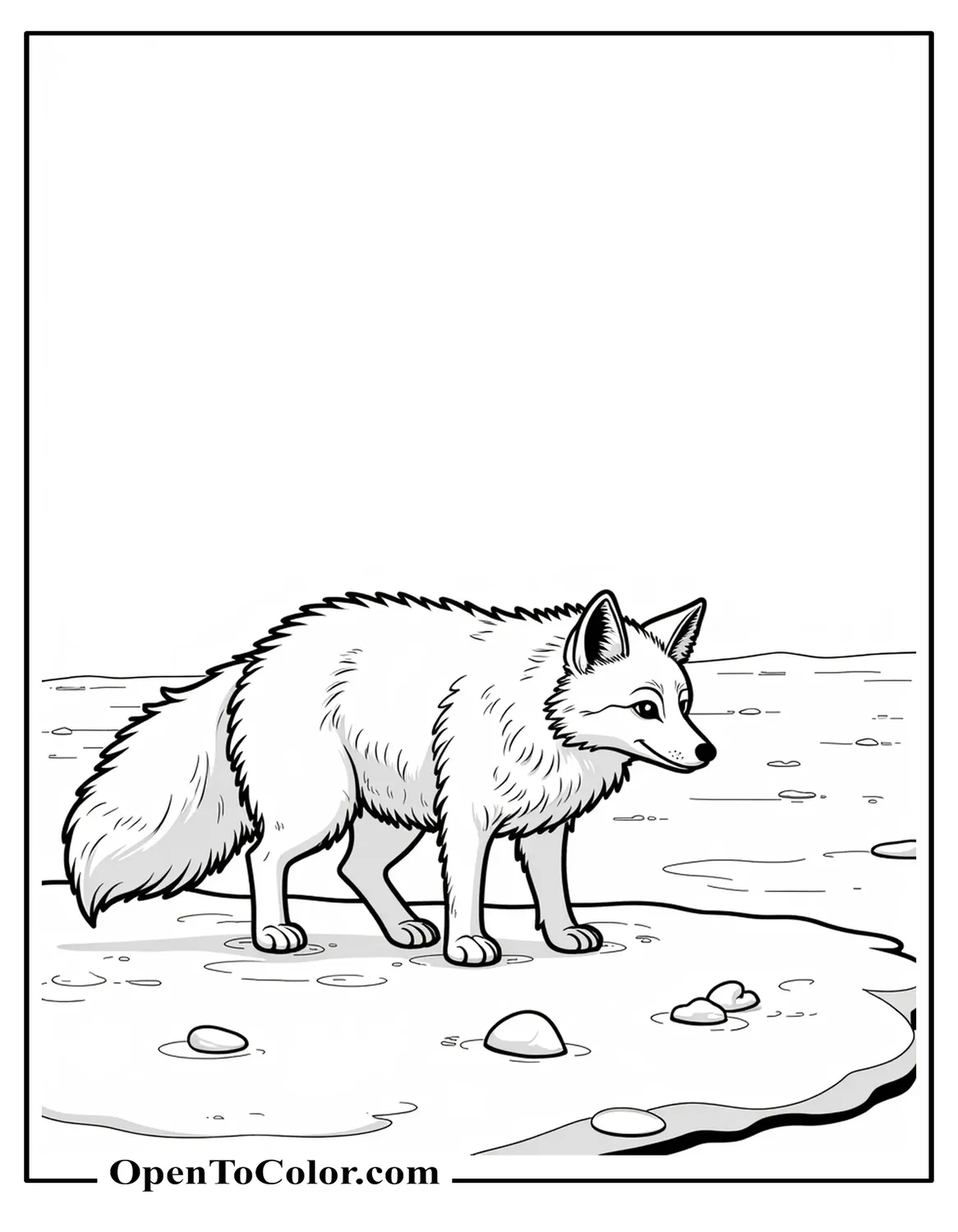 Free Coloring Page of Anime Fox Walking in Snow Across Icy Ground