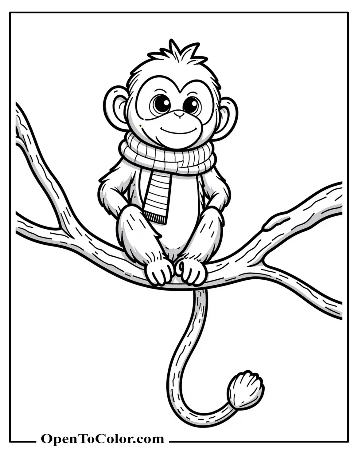 Snub-Nosed Monkey Coloring Sheet PDF Sitting on Snowy Branch Bundled in Scarf