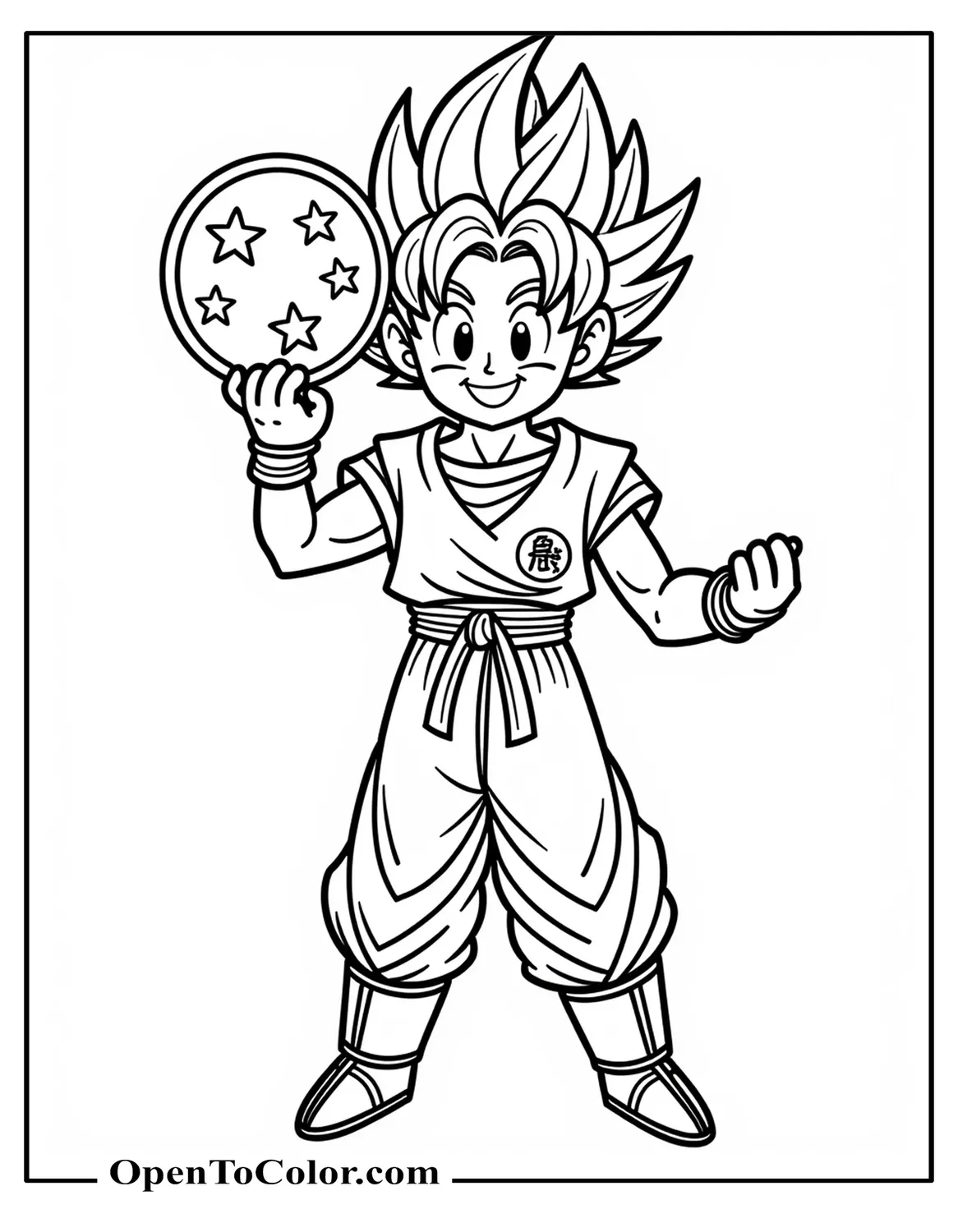 Free Son Goku Smiling Coloring Page, with Dragon Ball with Five Stars on It, Held High