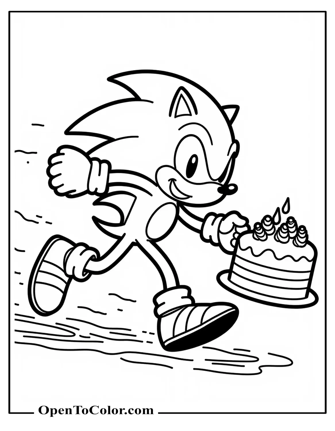 Sonic the Hedgehog sprinting past cake leaving streamer trail coloring page PDF