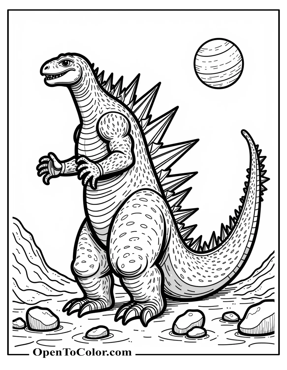 Printable coloring page of Space Godzilla with crystal shoulder spikes floating among asteroids and a distant ringed planet.