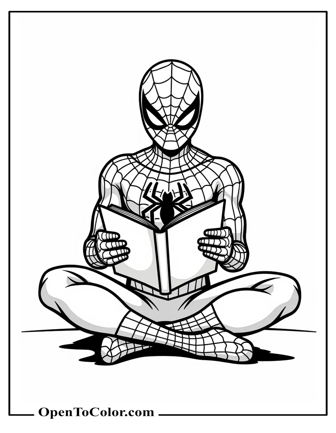Peter Parker is reading up for his studies in a Spider Man's costume coloring page PDF.