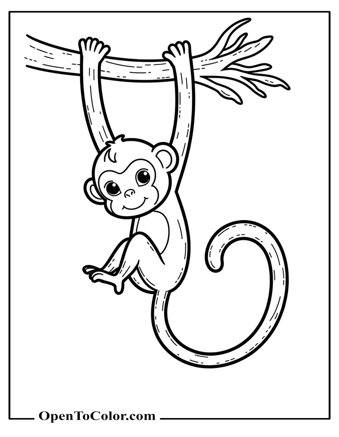 Small monkey with thick long tail hanging upside-down from long twisting tree branch coloring page PDF.