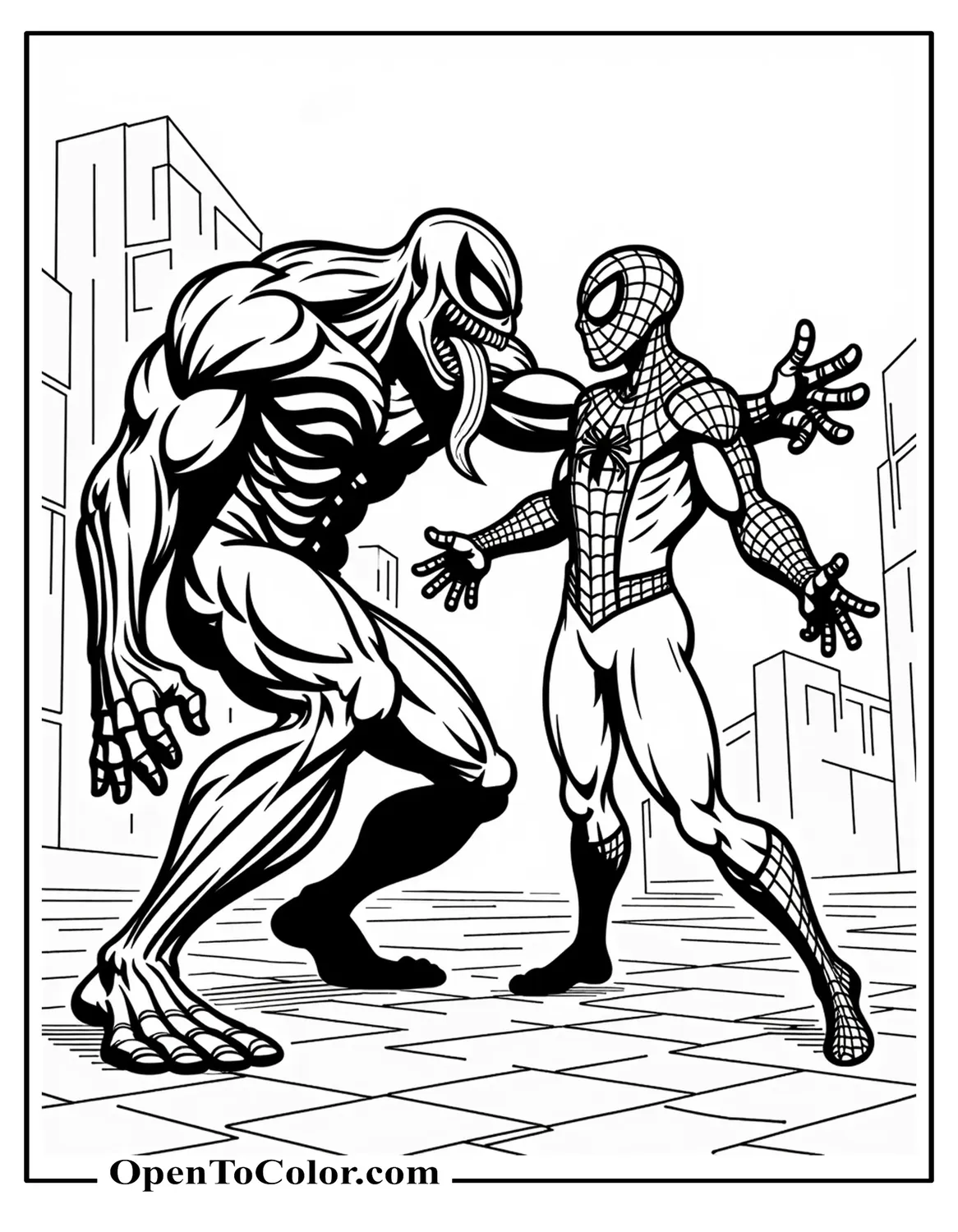 Free Coloring Sheet of Spiderman Fighting Venom in the Streets