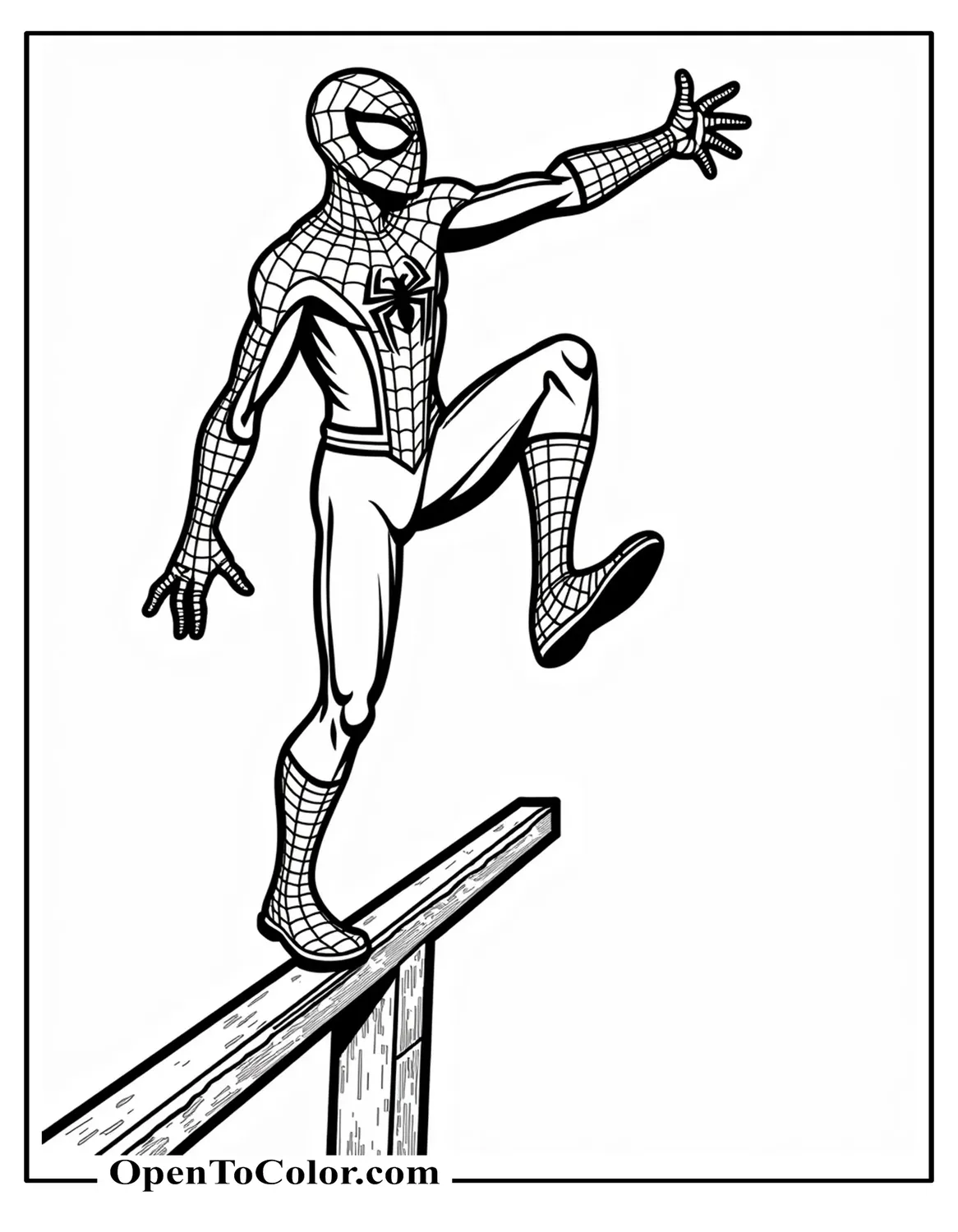 Spiderman Balancing On A Railing Coloring Page PDF