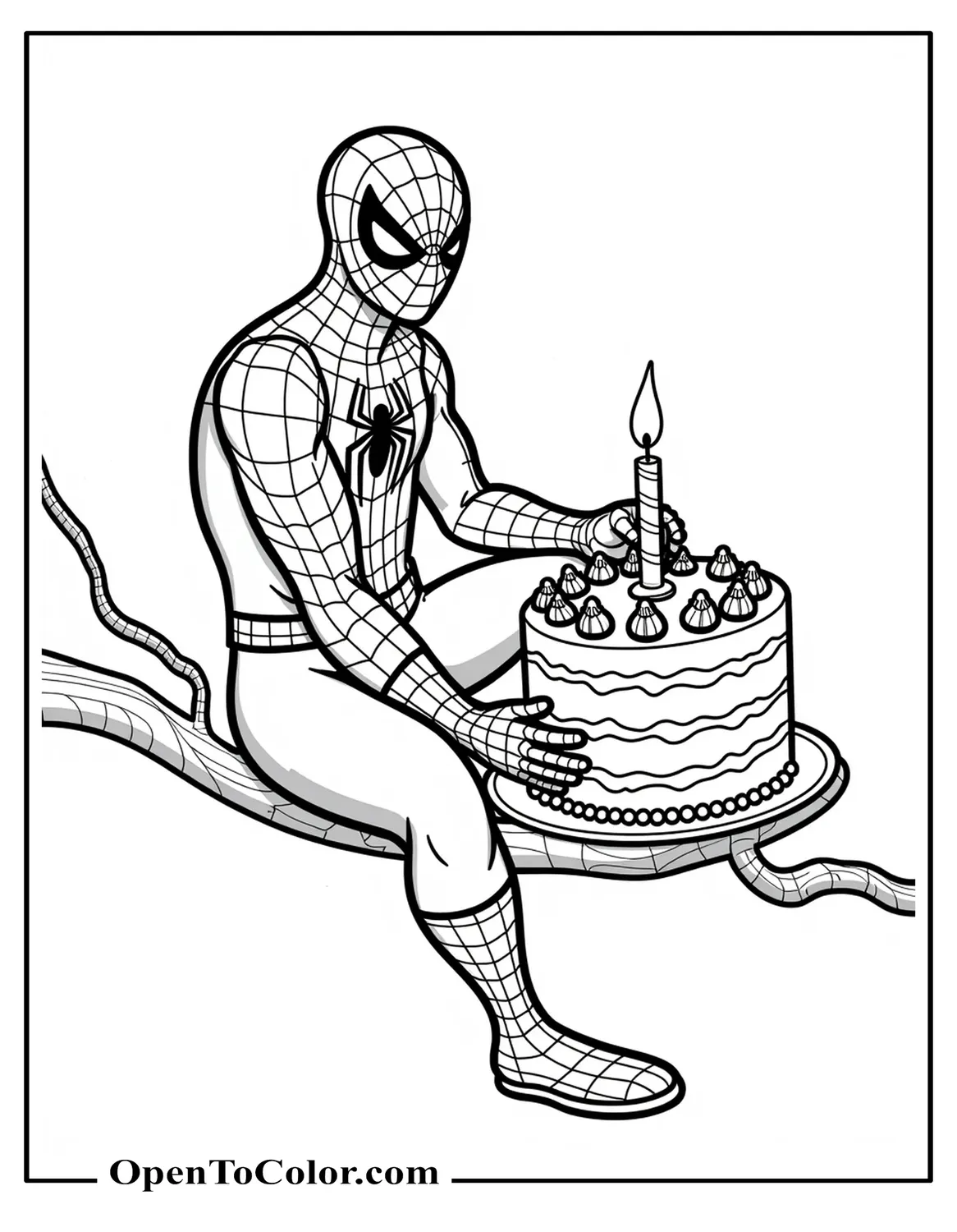 Spiderman Perched on Web Strand Placing Candle on Cake Coloring Sheet Printable