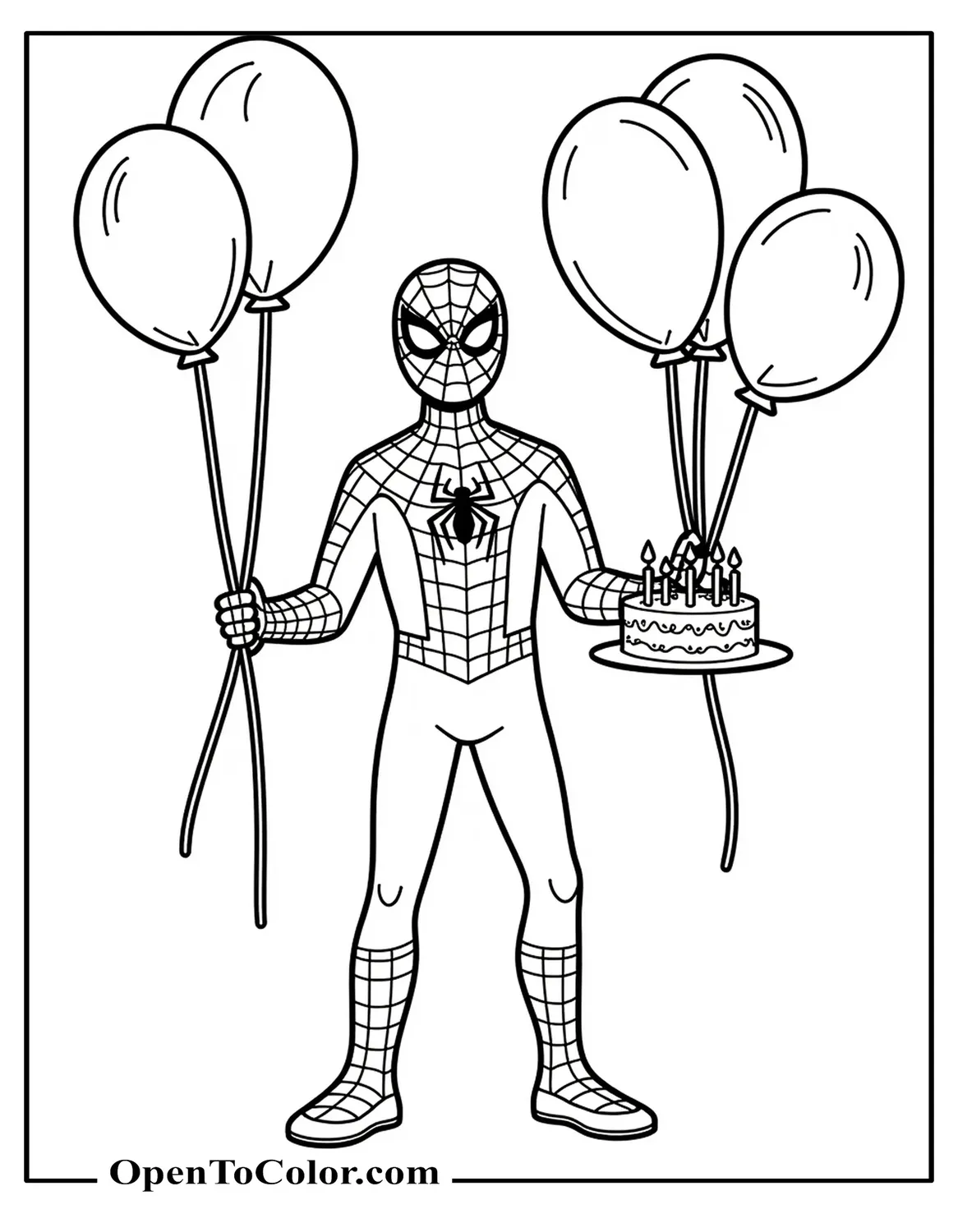 Free Coloring Page of Spiderman with Balloons and Birthday Cake