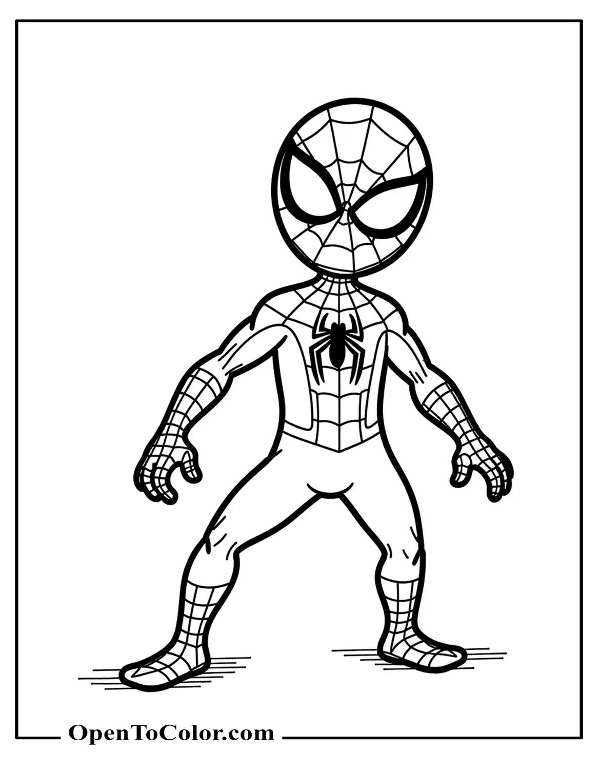 Spiderman with big head and small body smiling, in cartoon style, coloring sheet PDF