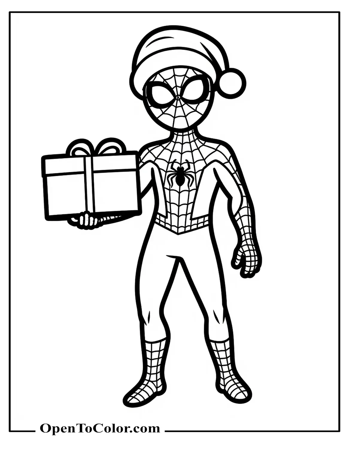 Free Coloring Sheet: Spiderman Wearing Santa Hat Holding Gifts