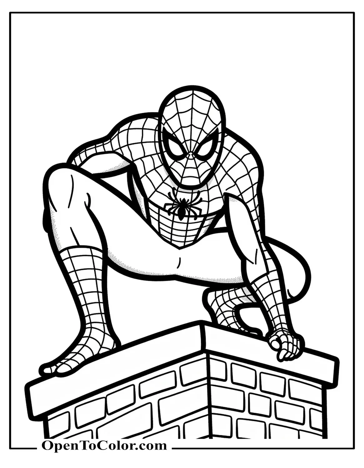 Spiderman Crouching on Rooftop Coloring Sheet PDF
