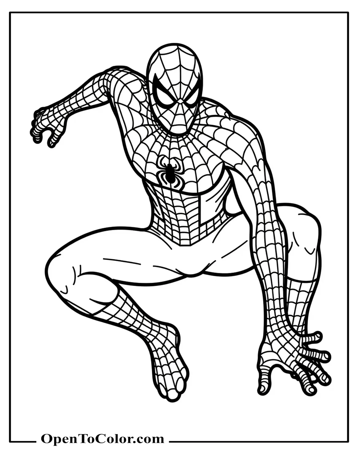 Spiderman in Dynamic Pose Coloring Sheet Printable for Adults