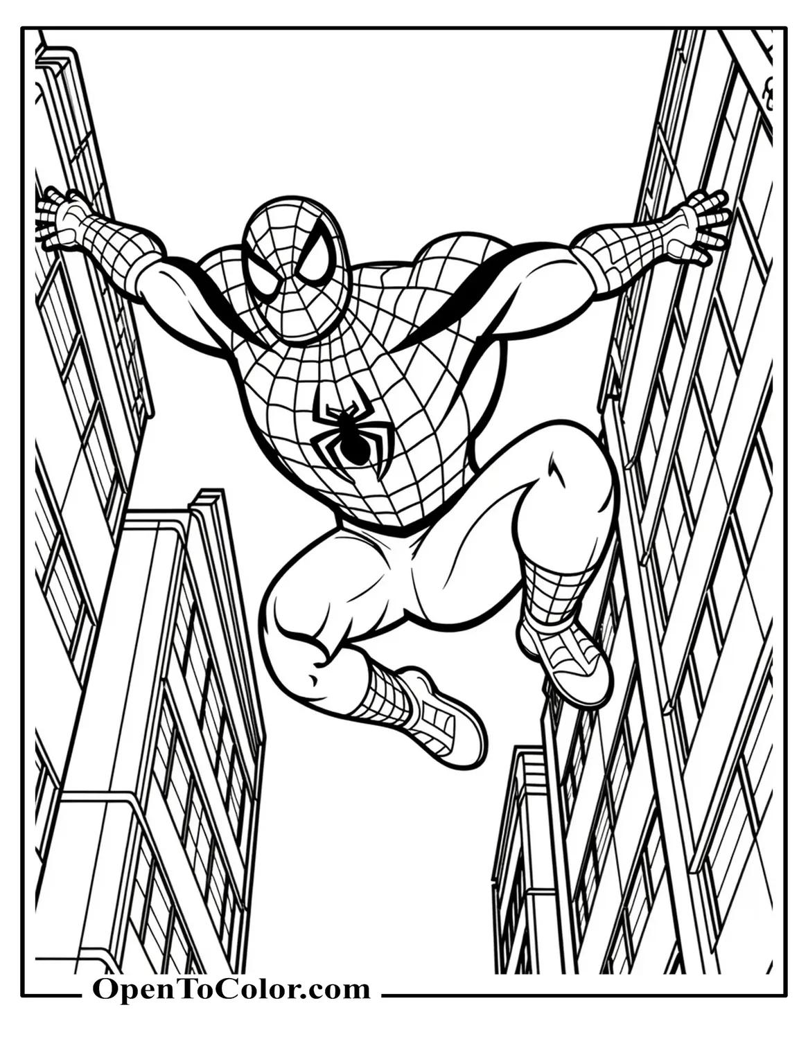 Spiderman Swinging Between Skyscrapers Coloring Page PDF