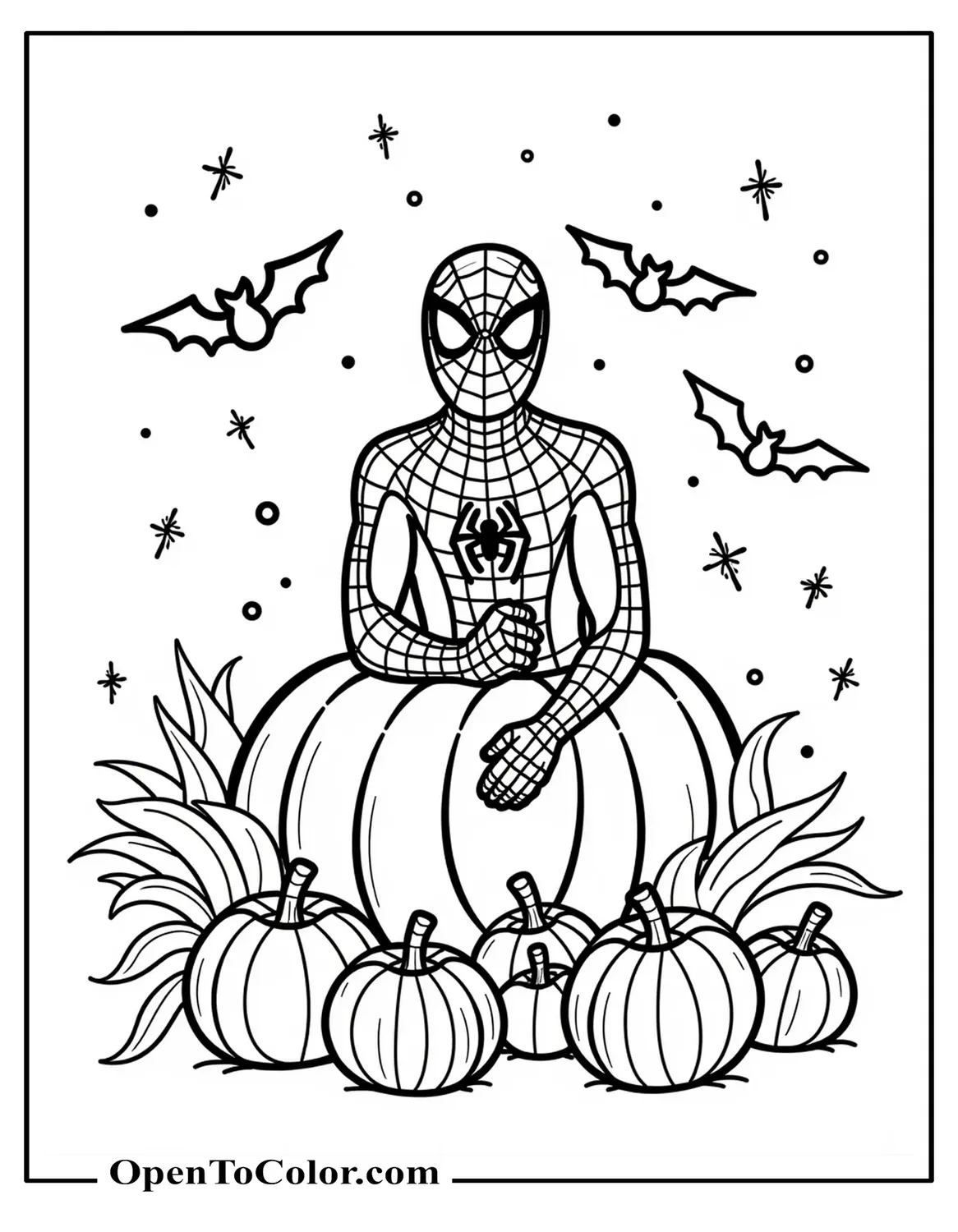 Free Coloring Sheet: Spiderman in Pumpkin Patch with Bats