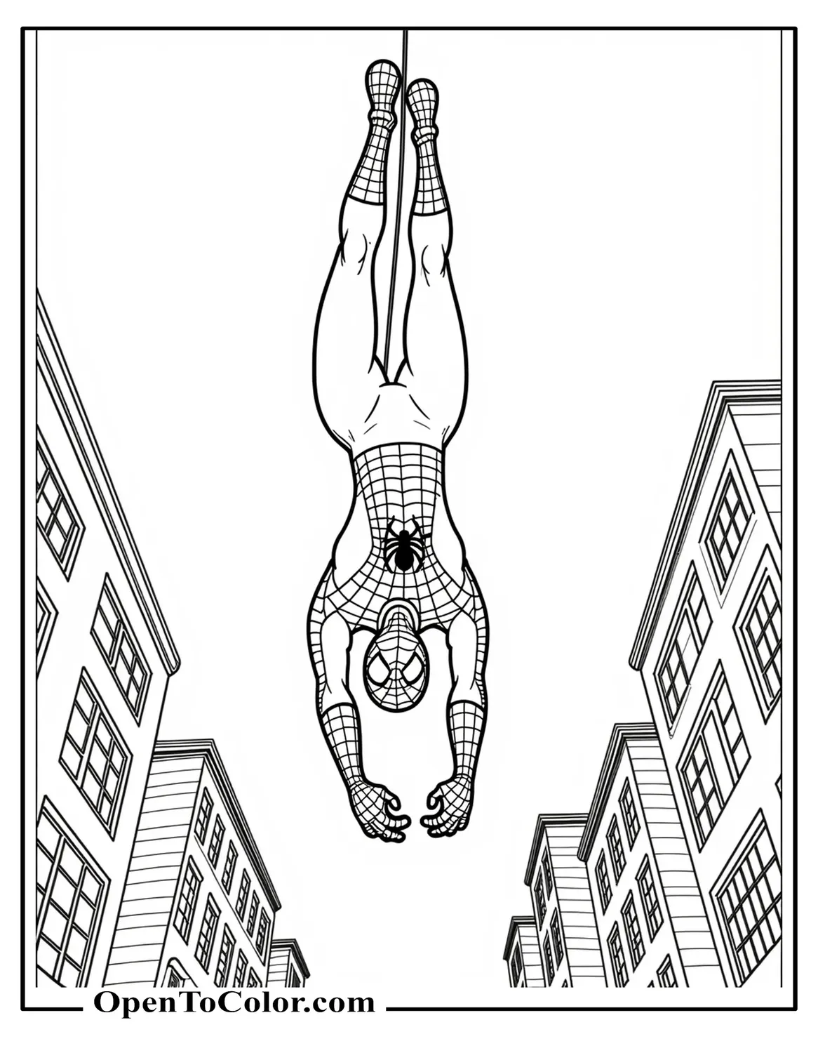 Spiderman hanging upside down coloring sheet PDF