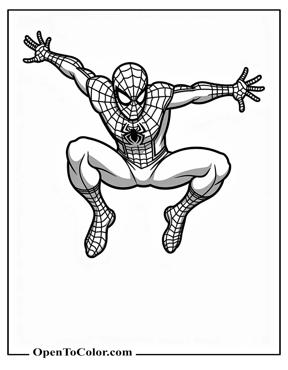 Free Coloring Page of Spiderman Landing from a High Jump in a Cool Pose